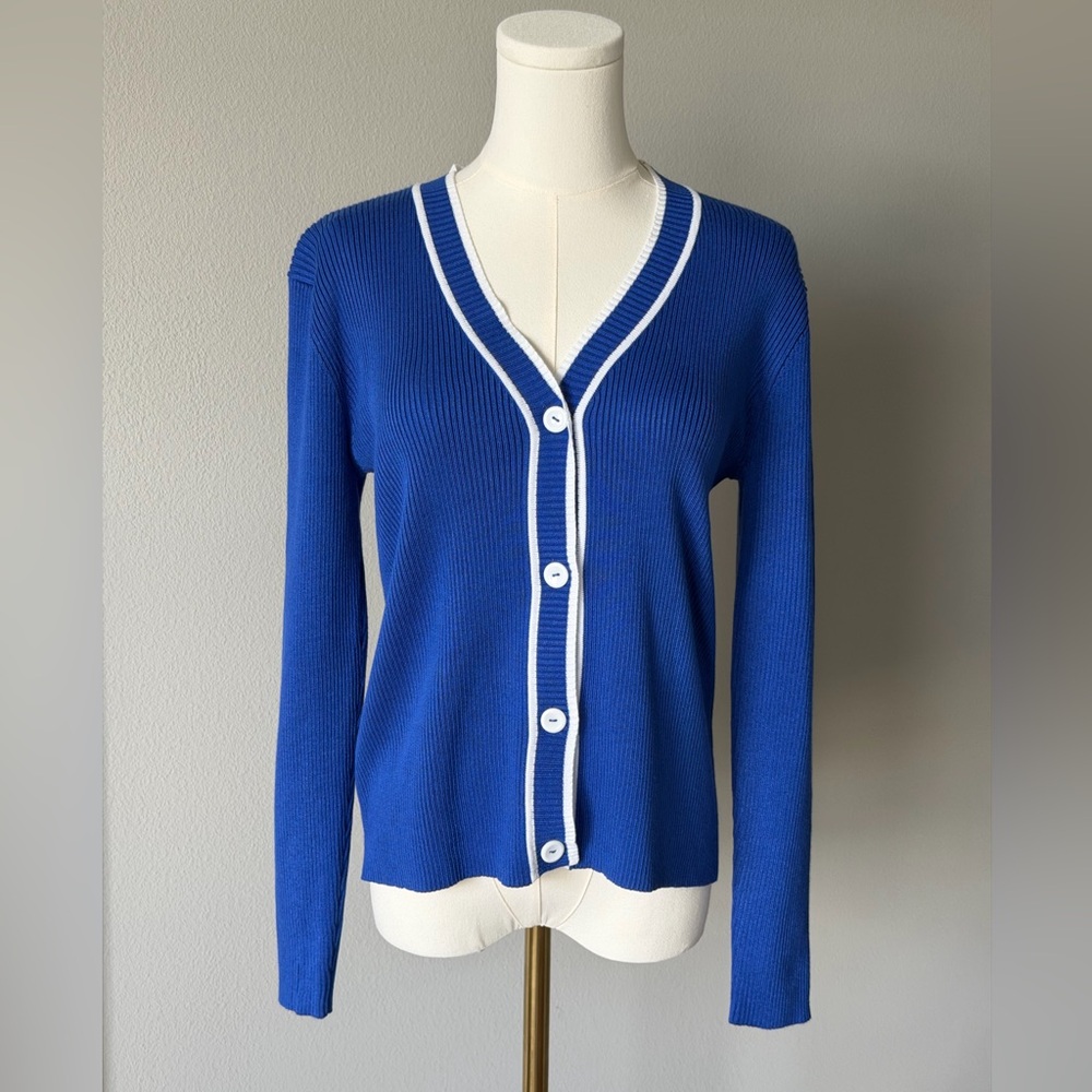 Tenney Rose Blue Button-Up Knit Stretch Women's Cardigan-70% Cotton.